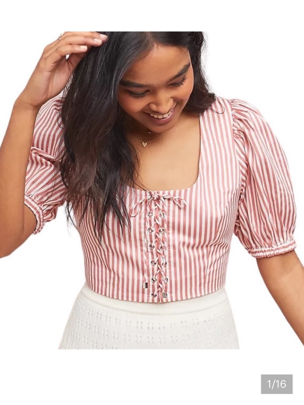 Anthropologie Steele. Striped Pink Lace-Up Puff Sleeve Corset Crop Top - Sm